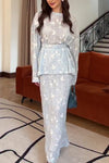Women Elegant Embroidered Textured Round Neck Tie-Waist Top + Skirt Suit