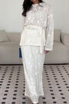 Women Elegant Embroidered Textured Round Neck Tie-Waist Top + Skirt Suit