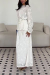 Women Elegant Embroidered Textured Round Neck Tie-Waist Top + Skirt Suit