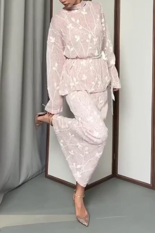 Women Elegant Embroidered Textured Round Neck Tie-Waist Top + Skirt Suit