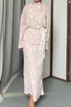 Women Elegant Embroidered Textured Round Neck Tie-Waist Top + Skirt Suit