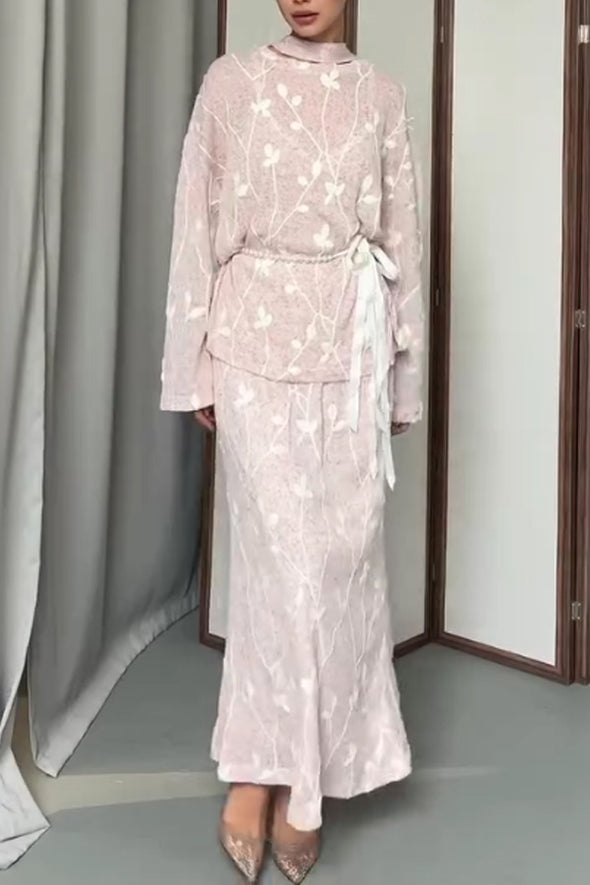 Women Elegant Embroidered Textured Round Neck Tie-Waist Top + Skirt Suit