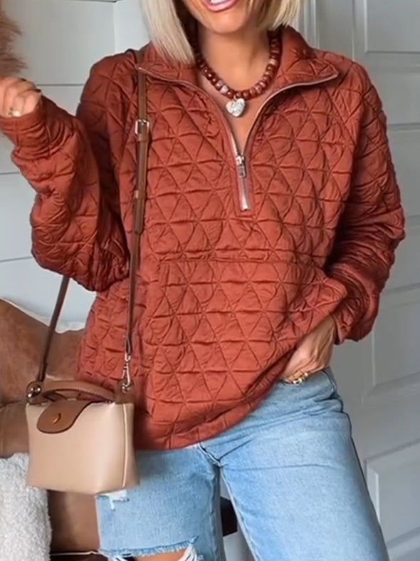 Ladies Lapel Half Zip Plaid Casual Top