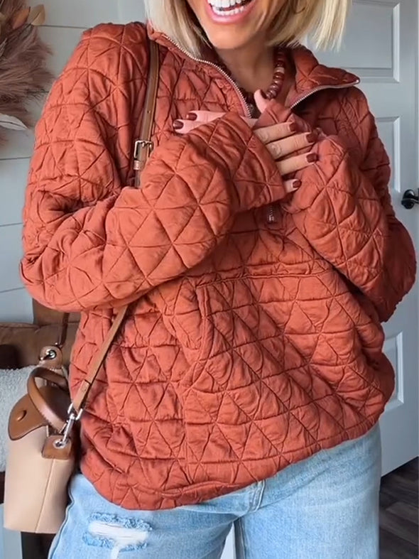 Ladies Lapel Half Zip Plaid Casual Top