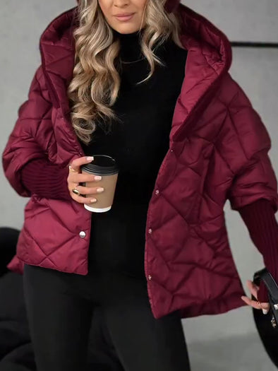 Women Hooded Patchwork Knitted Sleeves Casual Cotton Jacket