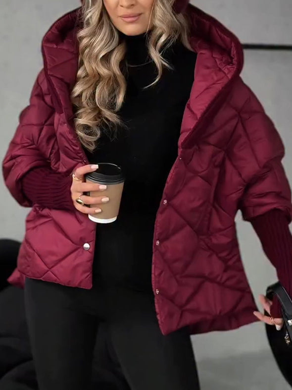 Women Hooded Patchwork Knitted Sleeves Casual Cotton Jacket