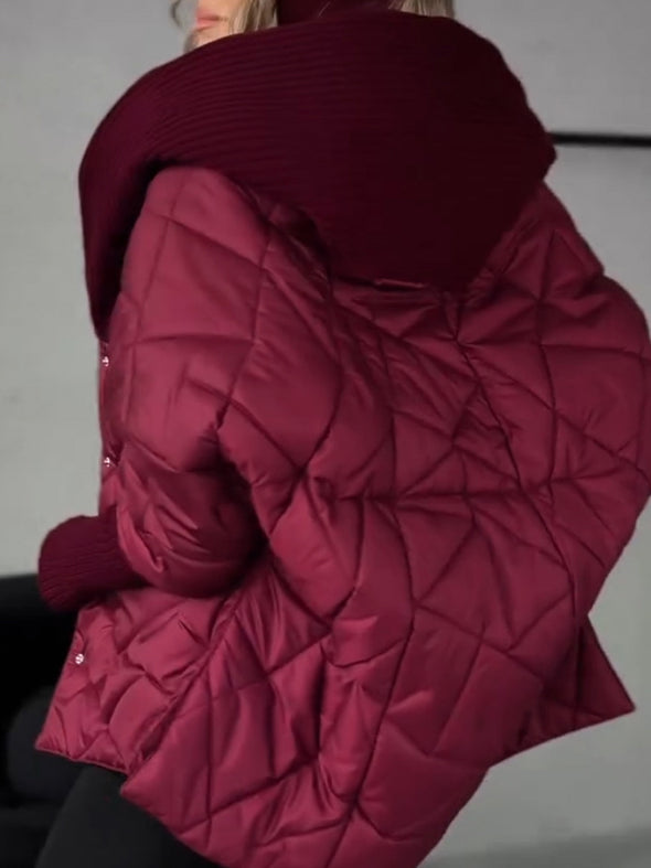 Women Hooded Patchwork Knitted Sleeves Casual Cotton Jacket