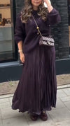 Women Round Neck Knitted Sweater + Pleated Skirt Solid Color Elegant Casual Suit