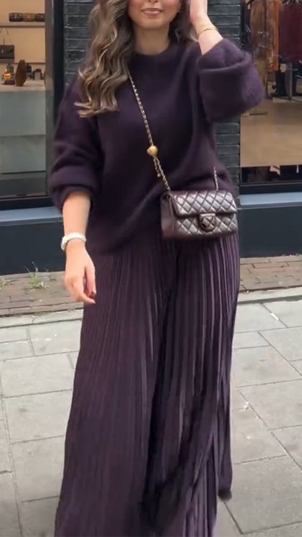 Women Round Neck Knitted Sweater + Pleated Skirt Solid Color Elegant Casual Suit