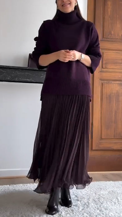 Women Turtleneck Knitted Sweater + Skirt Elegant Casual Suit