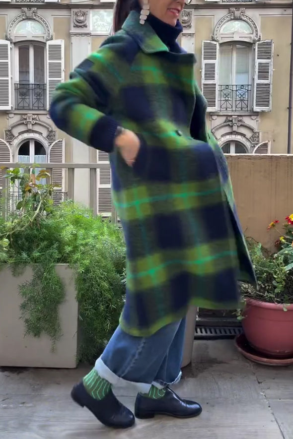 Women Elegant Christmas Green Plaid Classic Long Coat