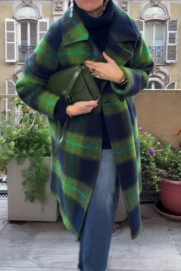 Women Elegant Christmas Green Plaid Classic Long Coat