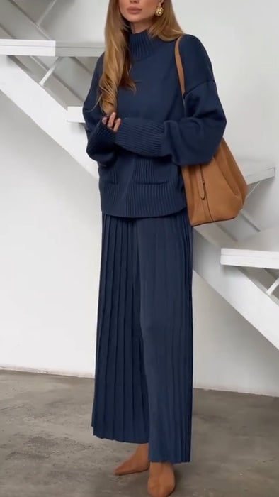 Women High Neck Knitted Sweater+ Pants Solid Color Casual Set