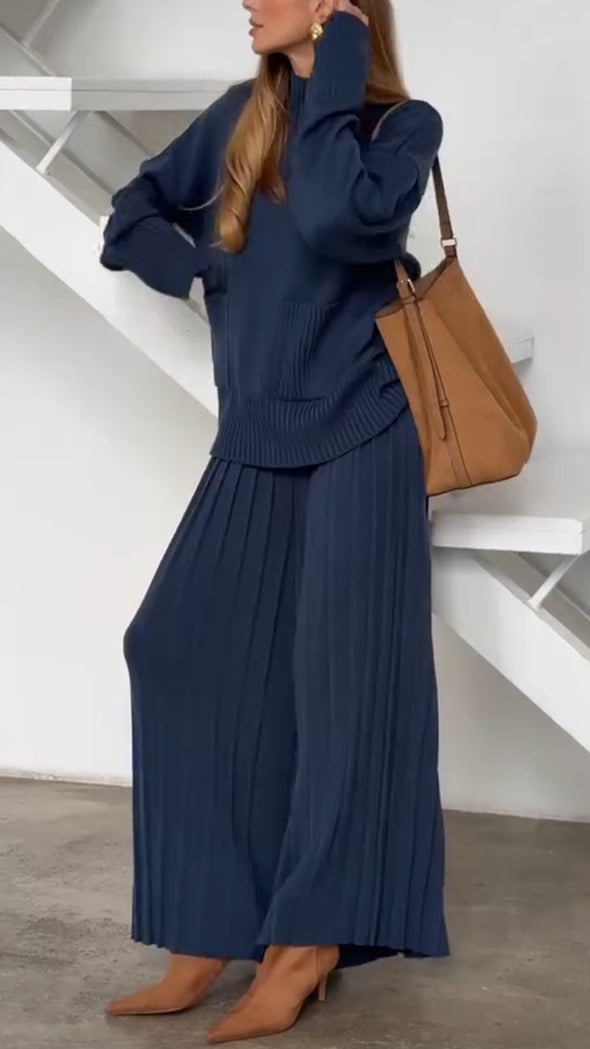 Women High Neck Knitted Sweater+ Pants Solid Color Casual Set