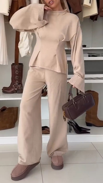 Women Round Neck Waist-cinching Top + Pants Solid Color Casual Suit