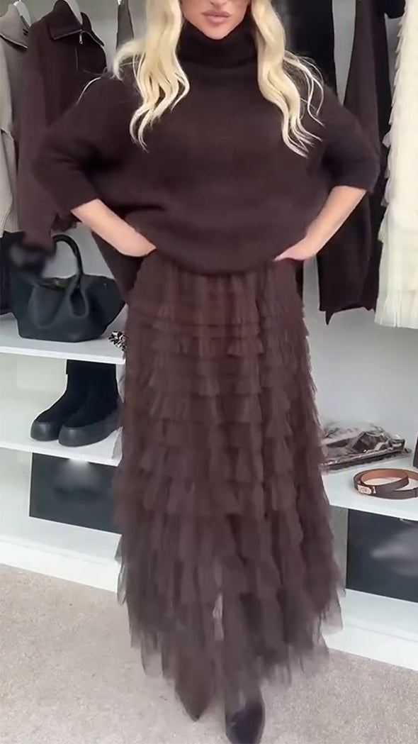 Women Turtleneck Sweater + Spliced Mesh Skirt Casual Suit