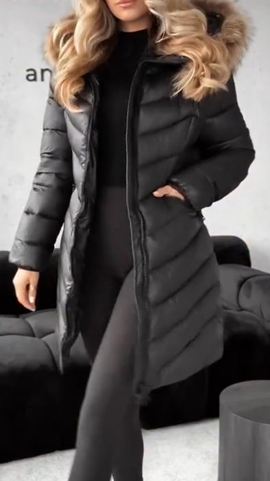 Women's Long Warm Cotton Coat with Fur Collar