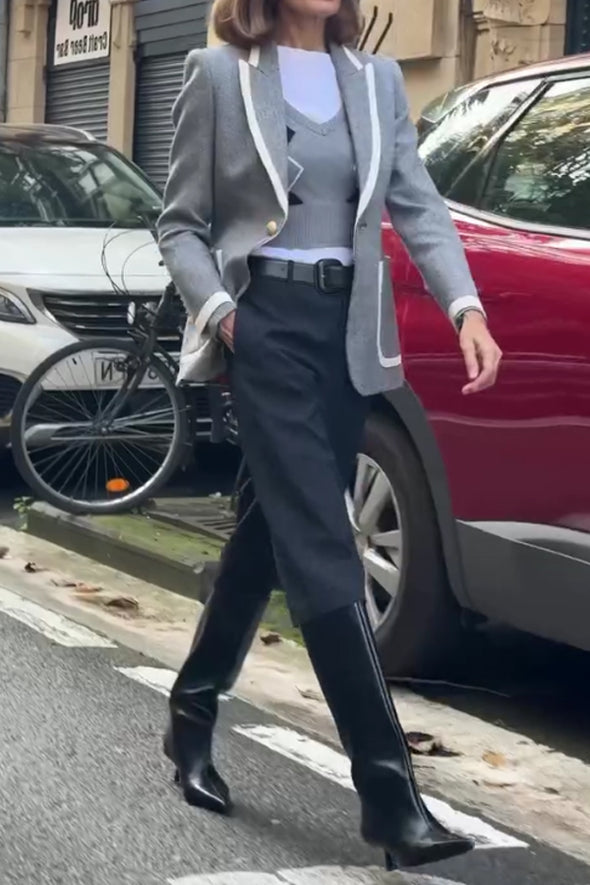 Women Elegant Classic Color-Blocked Trim Blazer