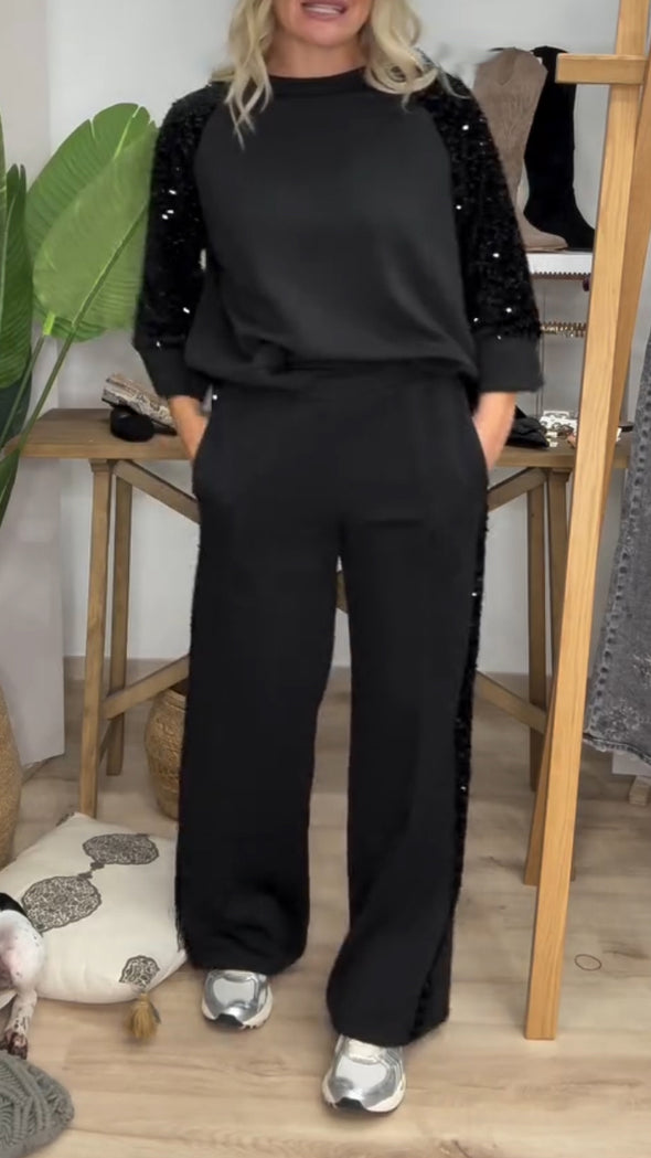 Ladies Round Neck Patchwork Sleeve Sequined Top+ Pants Casual Set