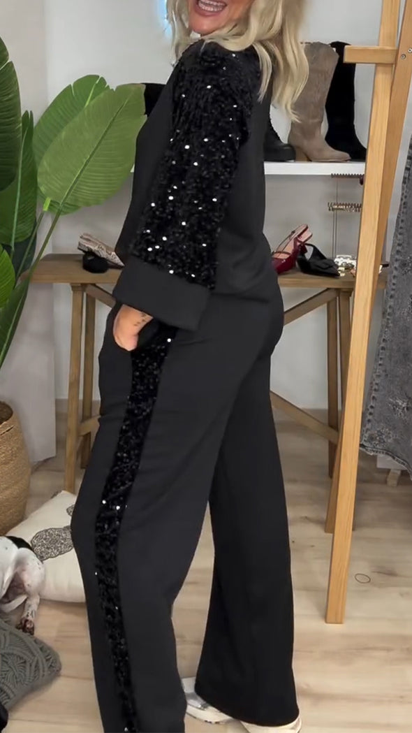 Ladies Round Neck Patchwork Sleeve Sequined Top+ Pants Casual Set
