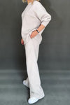 Women Casual Sparkling Corduroy Fur Collar V-Neck Top + Pants Suit