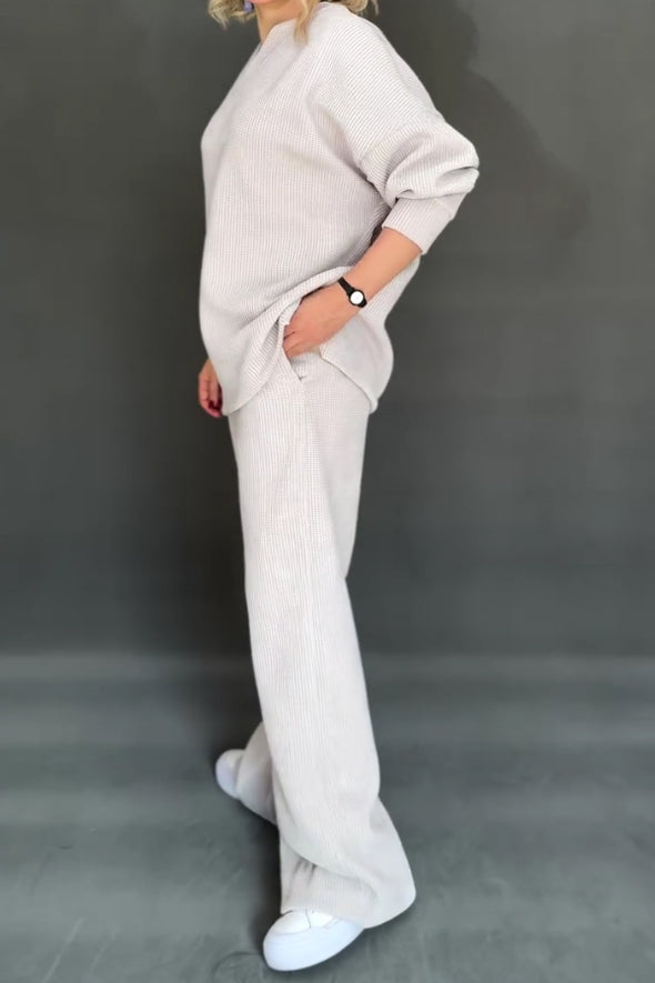 Women Casual Sparkling Corduroy Fur Collar V-Neck Top + Pants Suit