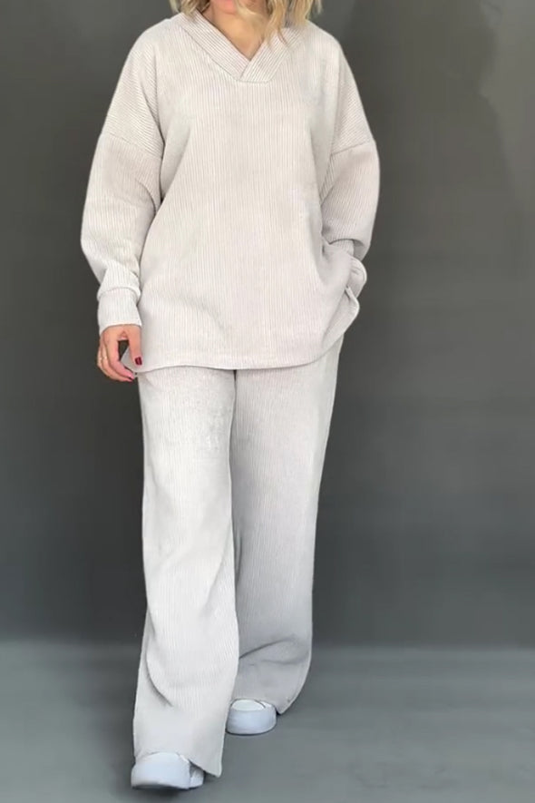 Women Casual Sparkling Corduroy Fur Collar V-Neck Top + Pants Suit