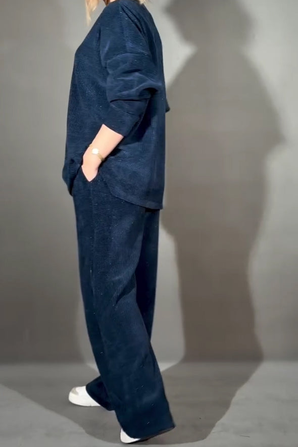 Women Casual Sparkling Corduroy Fur Collar V-Neck Top + Pants Suit