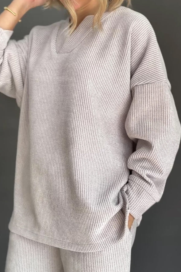 Women Casual Sparkling Corduroy Fur Collar V-Neck Top + Pants Suit