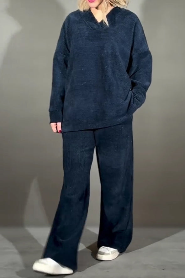 Women Casual Sparkling Corduroy Fur Collar V-Neck Top + Pants Suit