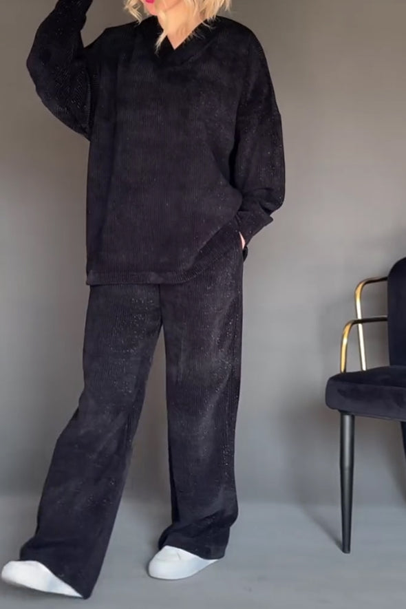 Women Casual Sparkling Corduroy Fur Collar V-Neck Top + Pants Suit