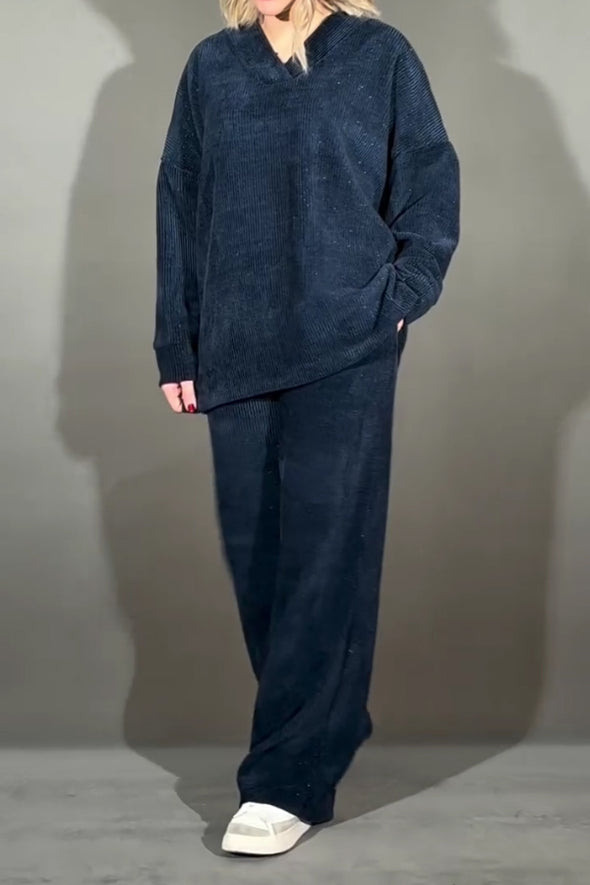 Women Casual Sparkling Corduroy Fur Collar V-Neck Top + Pants Suit