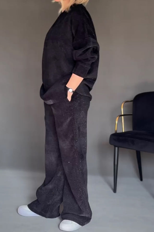 Women Casual Sparkling Corduroy Fur Collar V-Neck Top + Pants Suit