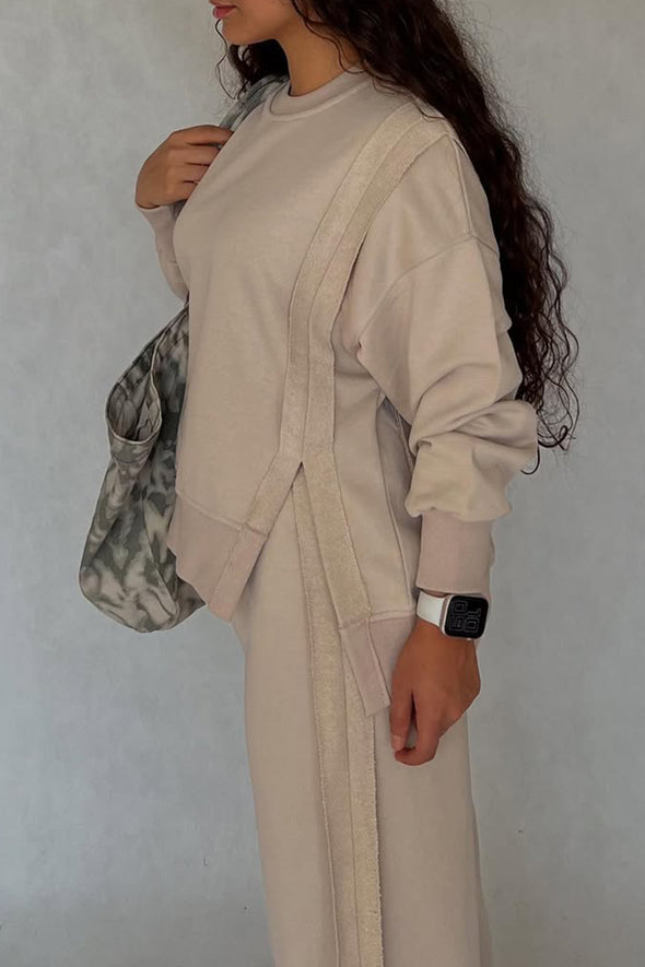 Women Round Neck Patchwork Slit Top + Pants Casual Set