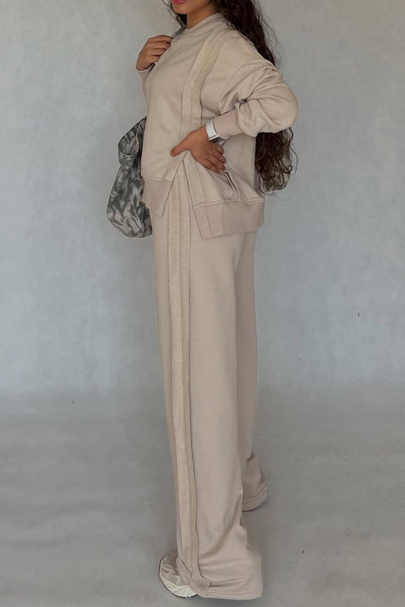 Women Round Neck Patchwork Slit Top + Pants Casual Set