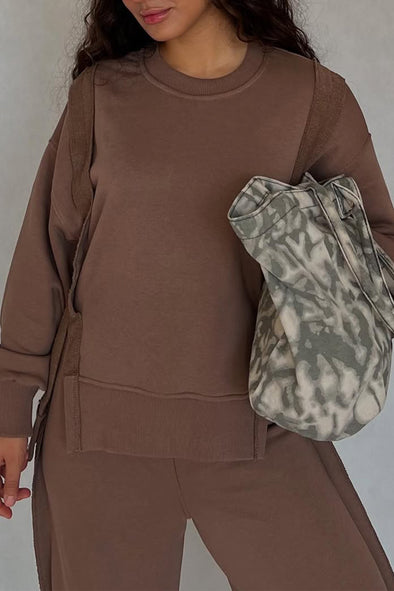 Women Round Neck Patchwork Slit Top + Pants Casual Set