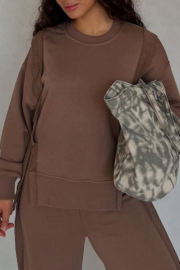 Women Round Neck Patchwork Slit Top + Pants Casual Set