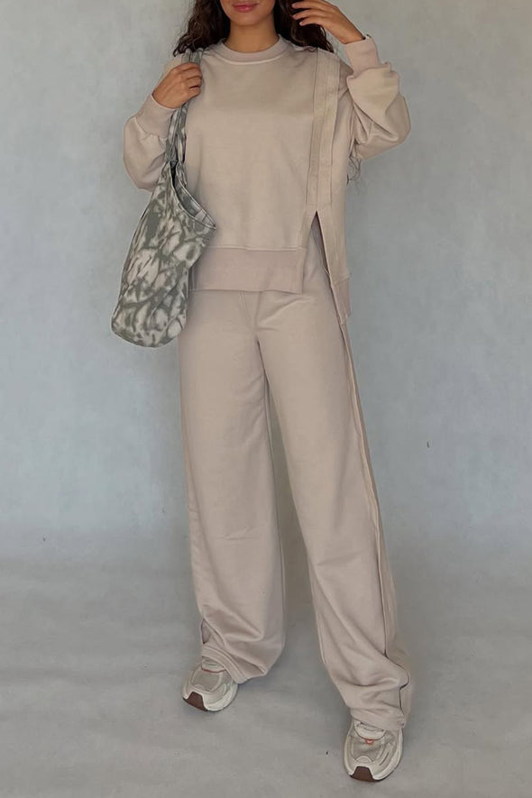 Women Round Neck Patchwork Slit Top + Pants Casual Set