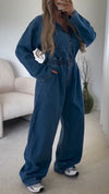 Women Collared Hooded Patchwork Zipper Casual Denim Jumpsuit
