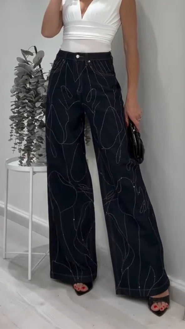 Women High-waisted Textured Rhinestone Casual Jeans