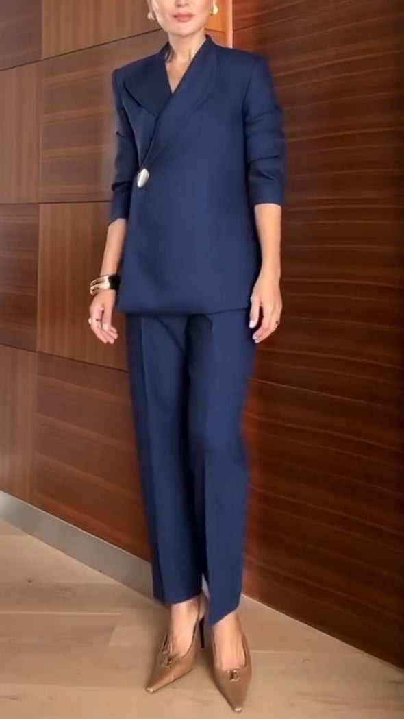 Women Round Neck Jacket+ Pants Temperament Commuting Set