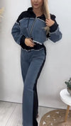 Ladies Hooded Patchwork Denim Contrasting Jacket+ Pants Casual Set