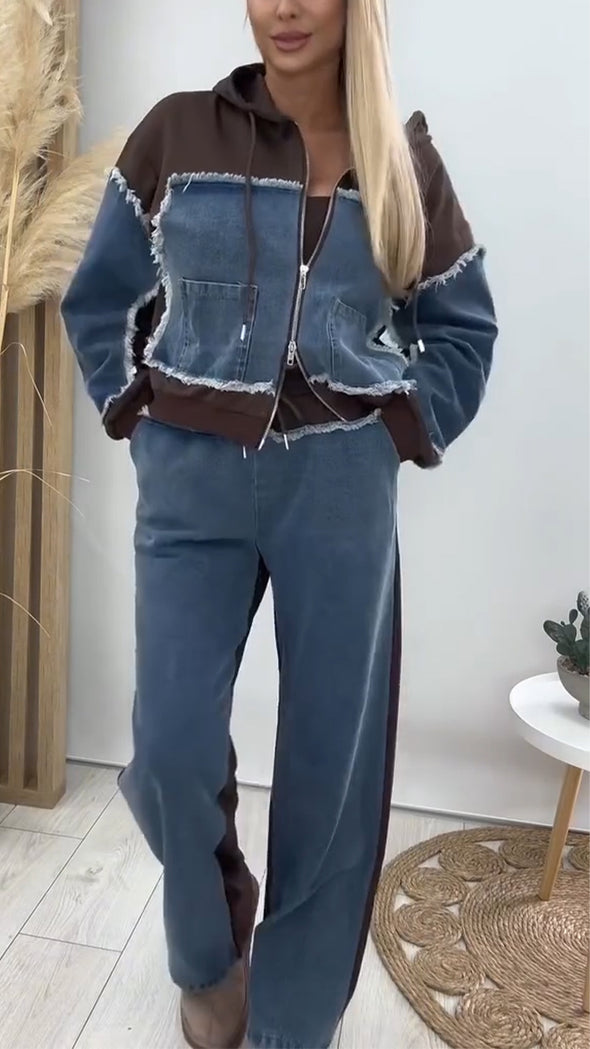 Ladies Hooded Patchwork Denim Contrasting Jacket+ Pants Casual Set