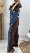 Ladies Hooded Patchwork Denim Contrasting Jacket+ Pants Casual Set