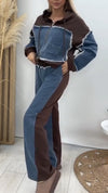 Ladies Hooded Patchwork Denim Contrasting Jacket+ Pants Casual Set