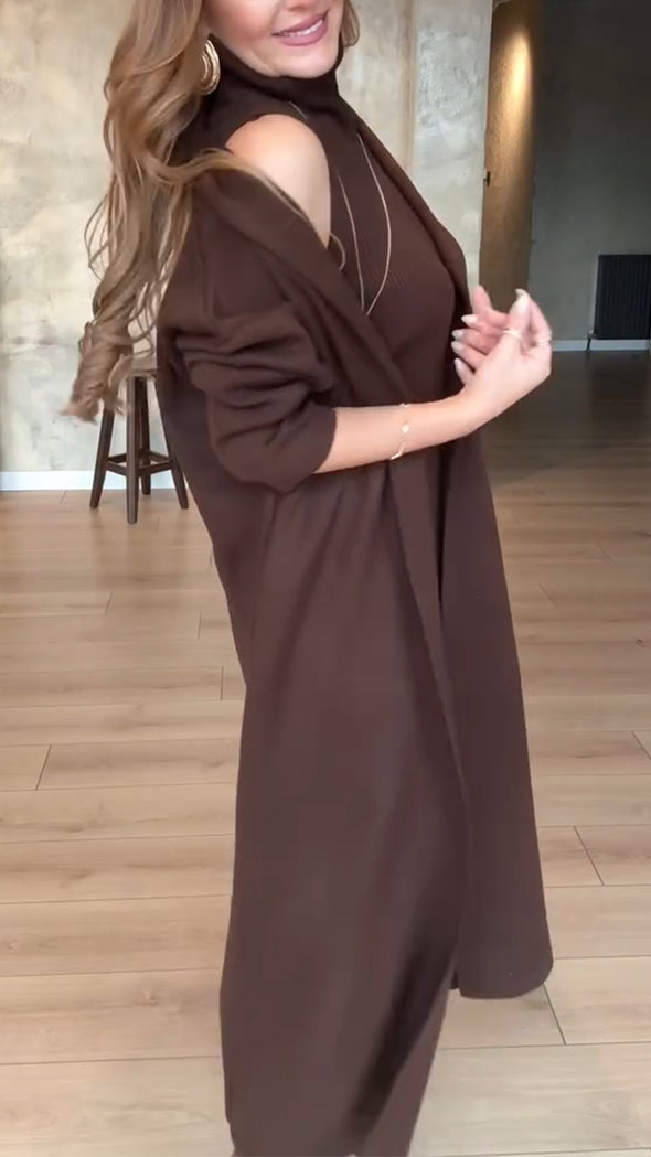 Ladies High Neck Dress+ Cardigan Solid Color Casual Set