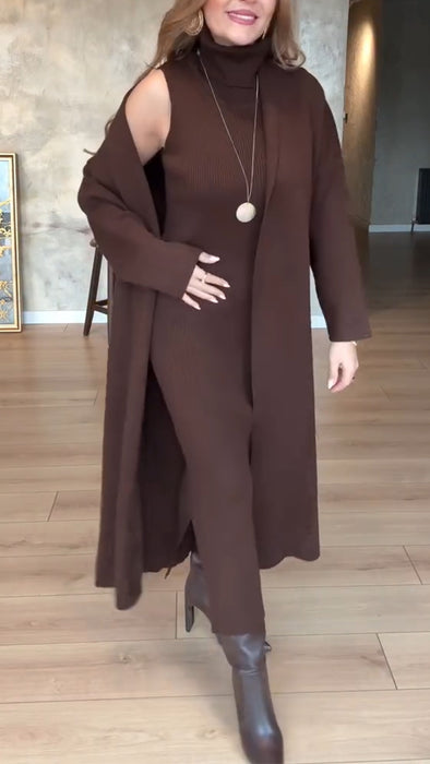 Ladies High Neck Dress+ Cardigan Solid Color Casual Set