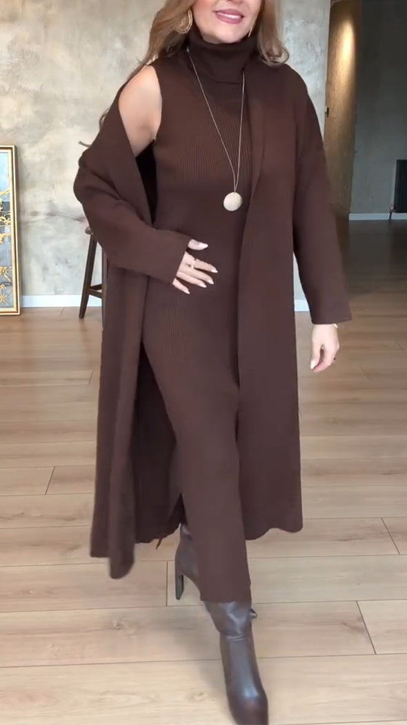 Ladies High Neck Dress+ Cardigan Solid Color Casual Set