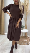 Ladies Round Neck Spliced Solid Color Casual Dress