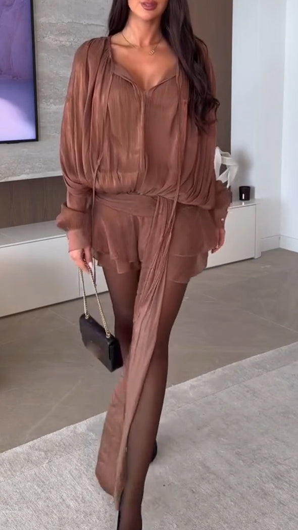 Women Collar Patchwork Dress+ Shorts Temperament Leisure Suit